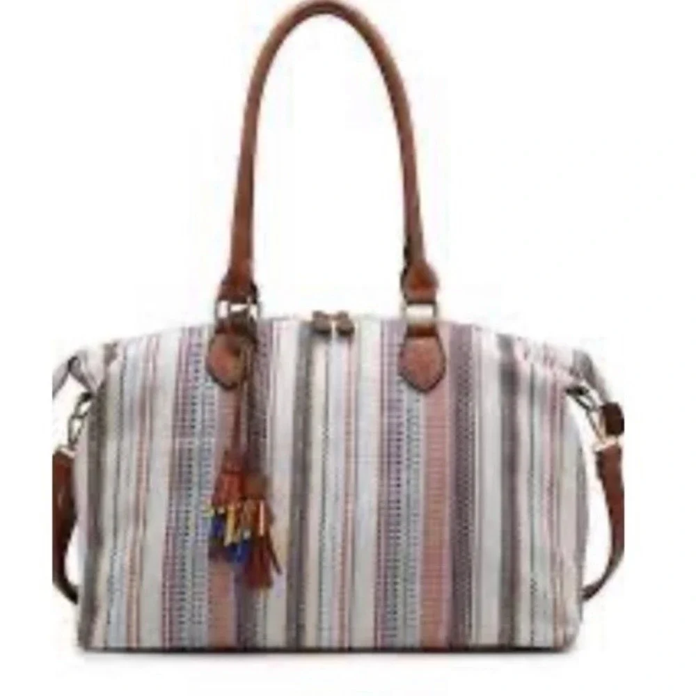 Jen & Co River Weekender Womens Large Striped Canvas Vegan Leather Tassel Boho